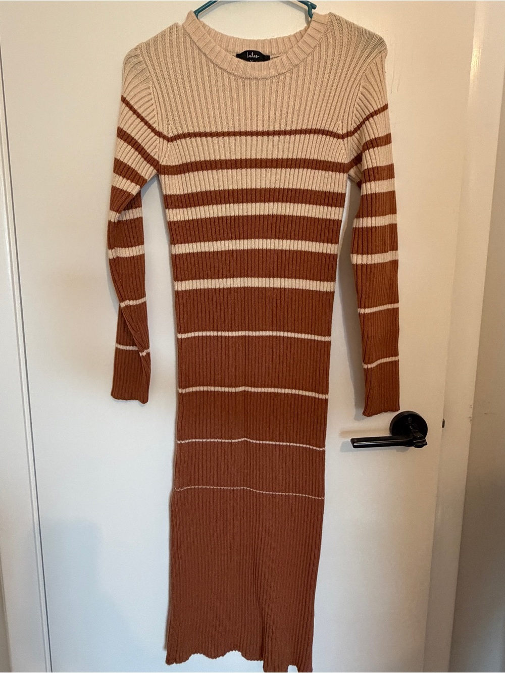 Rust Ribbed Knit Women's Sweater Dress with White Stripes